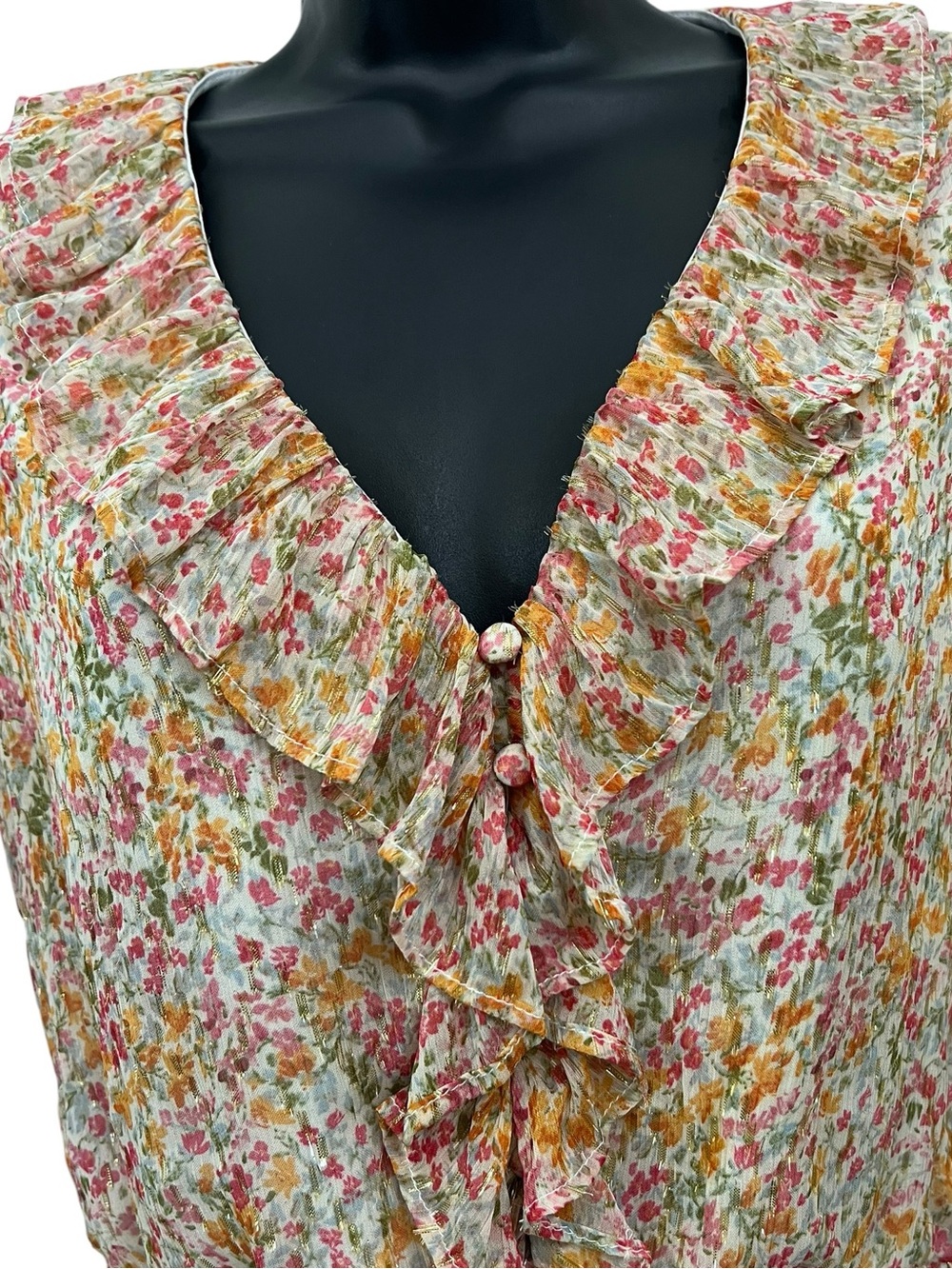 Parker Floral Ruffle Blouse Medium Cream/Pink/Orange/Green Gold Metallic Peplum - Picture 7 of 11